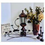 Beautiful Home Decor Including Lantern, Candlesticks and Flowers