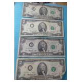 FOUR 2 Dollar Bills 1976