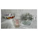 Vintage PYREX Perculator & 2 cup measuring Cup and Vintage Schott & Gen Small Serving Dish