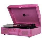 Curiosity Bluetooth Turntable Retro Suitcase 3-Speed Record Player with Built-in Speakers (Hot Pink Velvet)