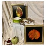 Green Fall Decorations-Two Framed Pictures & Two Metal Candle Holders