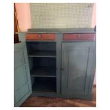 Antique Painted Teal Wood Kitchen Cabinet With Shelves & Two Drawers & Two Doors