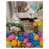 . Large Wicker Basket Filled With Plastic Easter Eggs - Wedding Wish You Were Here Signs - Tulip Candle Holders