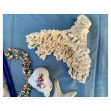 Plastic Bin of SEASHELLS-Sand Dollar-Metal Starfish Hanger-Large Coral