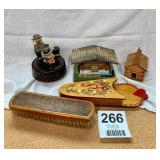 4 Wood Items Music Box Humming  Swiss Cabin Edelweiss Musical, Sm Wood Church, St. Paul Paint Co. Shoe brush