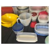 Large Lot of Various Food Storage Containers - Variety of Brands and Sizes. 2 Yellow Strainers and Measure/Mixing Bowl Included