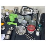 Lot of Kitchen Accessories and Tools inc. Measuring Cups and Spoons, Salt and Pepper Shakers and Grinders, Cutting Boards, Sifters, and More!