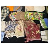Large Variety of Colorful Oven Mitt and Glove Sets, Kitchen Wash Cloths, Various Hot Pads, and Decorative Baskets