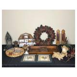 Farmhouse Themed Home Decor inc. Rooster Artwork, Wall Hangings, Wreath, Wooden Tray, Rabbit Statues, Metal Candle Holder and Much More!