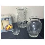 6 Glass Vases of Various Sizes and Battery Operated Flameless Candles in MFG PKG.