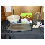 Lot of Kitchen Items Including a Griddle, 2 Piece Salad Bowl Set, Themed Mugs, etc.