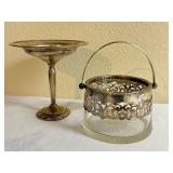 Vintage Sterling Silver Compote and Vintage Glass Ice Bucket with Sterling Overlay