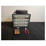 Lot of Storage Organizer with Plano Drawers, Timex Alarm Clock, Wood Desk Clock, and Pliers