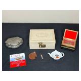 Lot of Jewelry, Decorative Boxes, Porcelain Teabag Caddy and Memorabilia