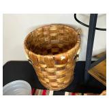 Rustic Wood and Metal Side Table with Wicker Basket and Frosted Vase