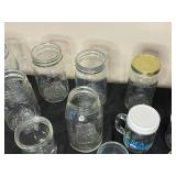 Lot of Assorted Mason Jars, Glasswares, and Containers