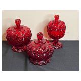 Set of 3 Vintage Red Glass Covered Jars/Candy Dishes