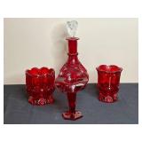 Vintage Ruby Red Pressed Glass Lot - Decanter, Vase, Compote, Candle Holder