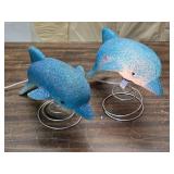 Pair of Illuminated Blue Dolphin Figurine Lamps on Spring Stands - One is Missing Light Fixture