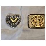 Lot of 2 Belt Buckles, Heart Shape and Military Design