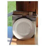 Assorted Plastic Storage Containers and Silver-Banded Dinner Plates Set