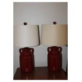 Pair of Vintage Ceramic Table Lamps with Dual Handles and Fabric Shades