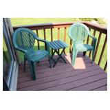 Outdoor Patio Set with 2 Green Plastic Chairs and Side Table