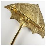 Beautiful Green Enamel Umbrella Gold Plated Base Metal Brooch .