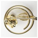 Sarah Coventry Rose & Filigree Leaf Gold Plated Base Metal Brooch .