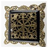 Art Deco Vintage Mesh Black & Yellow Base Metal Brooch .