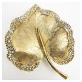 BSK (Steinberg, Slovitt, Kaslo)  Satin Leaf With Stylized CZ Border Gold Tone Base Metal Brooch .