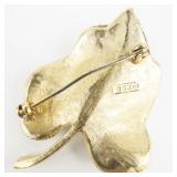 BSK (Steinberg, Slovitt, Kaslo)  Satin Leaf With Stylized CZ Border Gold Tone Base Metal Brooch .