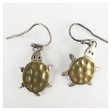 Anne Harvey (Mexico) Two-Tone Turtle Sterling Silver French Wire Earrings .