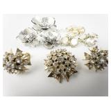 3 Sets Of Matching Rhinestone Brooches & Base Metal Clip-On Earrings .