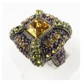 Heidi Daus Green, Orange, & Purple Crystal Square Base Metal Cocktail Ring. Size 9.5 - 9.75.