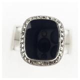 Vintage Black Onyx & Marcasite Sterling Silver Ring. Size 4