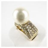 Light Blue & White Pave Band With Faux Pearl Vermeil Cocktail Ring . Size 9.75 - 10