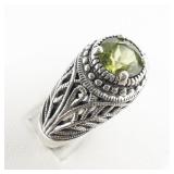 Pranda  Round Cut Peridot Leafy Filigree Sterling Silver Fashion Ring. Size 7.25 - 7.5.