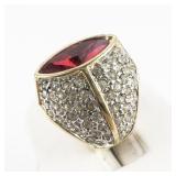 American Ring Co  Ruby Red & White Rhinestone Gold Tone `18KGE Cocktail Ring. Size 5.5 - 5.75