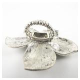 Massive Rhinestone & Faux Pearl Flower Silver Tone Base Metal Statement Ring With Stretchy Band. Stretches between 6-9.