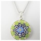 Antica Murrina Veneziana (Murano, Italy)  Millefiori Glass Silver Tone Sterling Silver Pendant Necklace .