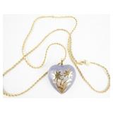 Joan Rivers Purple Enamel Puffed Flower Heart Pendant Ongold Tone Base Metal Rope Chain Necklace.