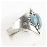 Three Stone Cabochon Turquoise Sterling Silver Statement Ring . Size 7.75 - 8