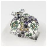 Sima K  Multi Gemstone Bee & Violet Sterling Silver Statement Ring . Size 8.75 - 9