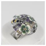 Sima K  Multi Gemstone Bee & Violet Sterling Silver Statement Ring . Size 8.75 - 9