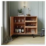 Flash Furniture Elmont Classic Bar and Sideboard with Shaker Style Single Door Cabinet with Hanging Glass Storage and Open Bottle Shelves-light brown