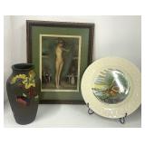 Antique Reverse Painted Vase, Birds of America Audobon Plate and Art Print