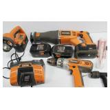 RIDGID Set Of 18 Volts Sawzall, Drill & Work Light With 4 Batteries And Charger In RIDGID Bag