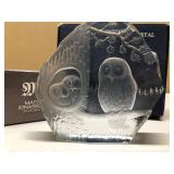 2 Signed Scandinavian MATS JONASSON Sweden Crystal/Glass Owl Sculptures