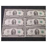 6 Sequential, Uncirculated $2 Bills...